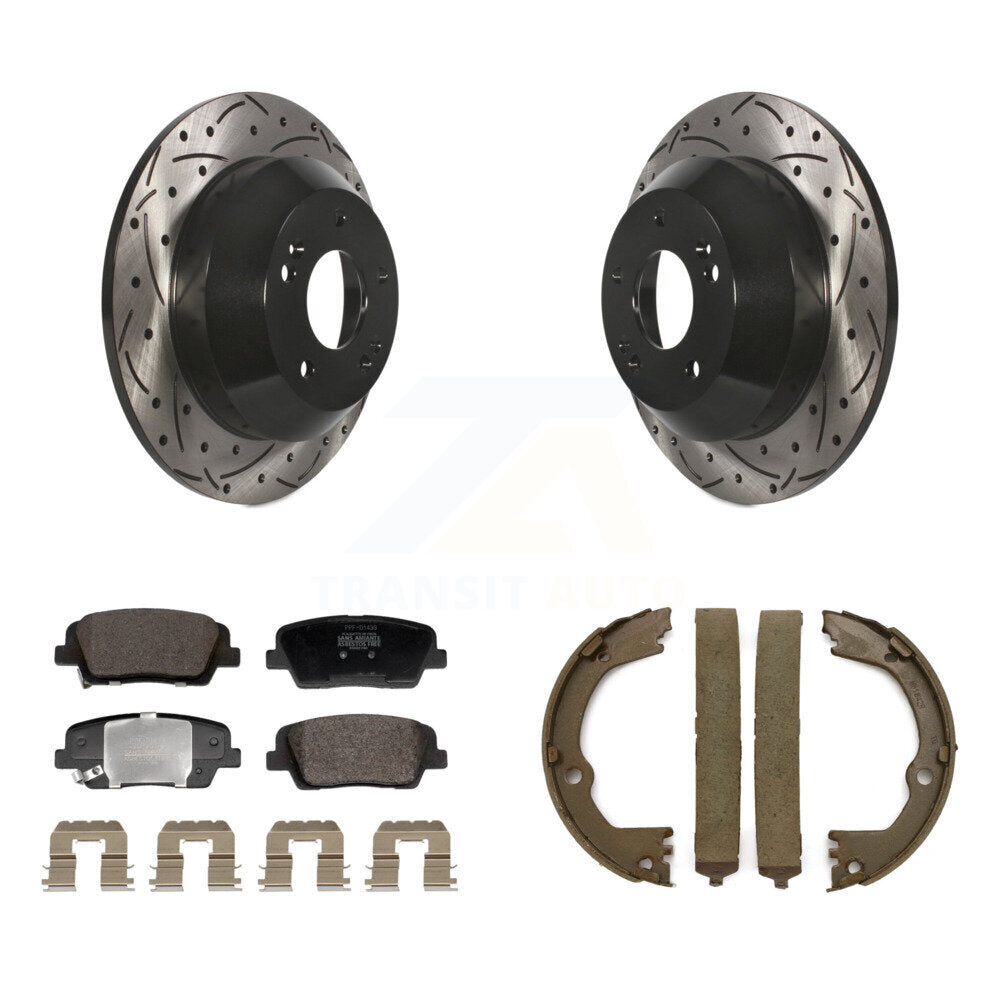 Rear Disc Drilled & Slotted Rotors Semi-Metallic Pads Parking Shoes Kit For Hyundai Santa KDF-101401