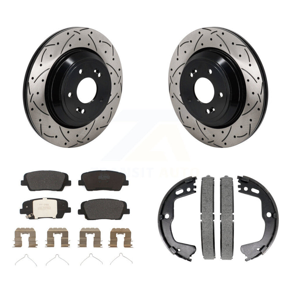 Rear Disc Drilled & Slotted Rotors Semi-Metallic Pads Parking Shoes Kit For Genesis G80 KDF-101402