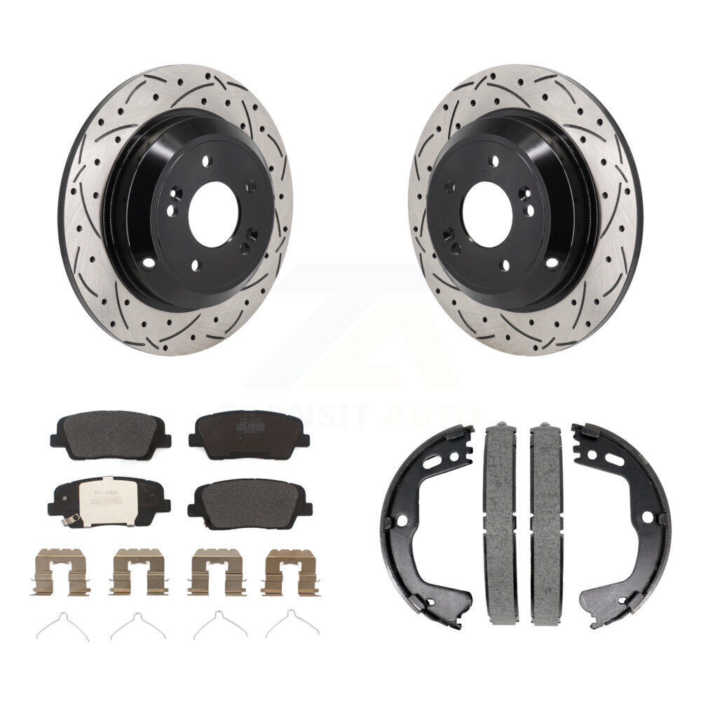 Rear Disc Drilled & Slotted Rotors Semi-Metallic Pads Parking Shoes Kit For Kia Stinger KDF-101403