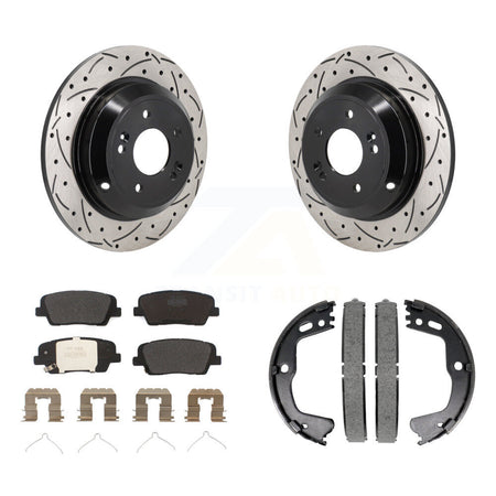 Rear Disc Drilled & Slotted Rotors Semi-Metallic Pads Parking Shoes Kit For Kia Stinger KDF-101403