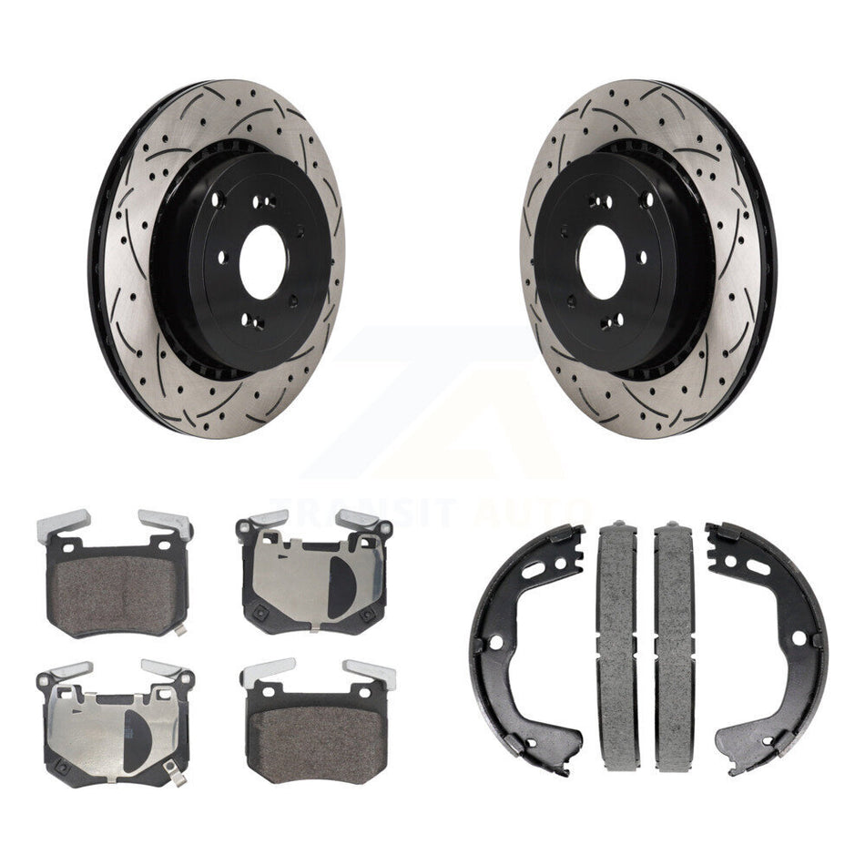 Rear Disc Drilled & Slotted Rotors Semi-Metallic Pads Parking Shoes Kit For Kia Stinger KDF-101404