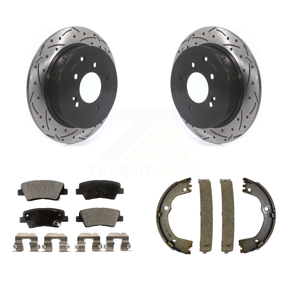 Rear Disc Drilled & Slotted Rotors Semi-Metallic Pads Parking Shoes Kit For Hyundai Kia KDF-101405