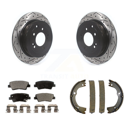 Rear Disc Drilled & Slotted Rotors Semi-Metallic Pads Parking Shoes Kit For Hyundai Kia KDF-101405