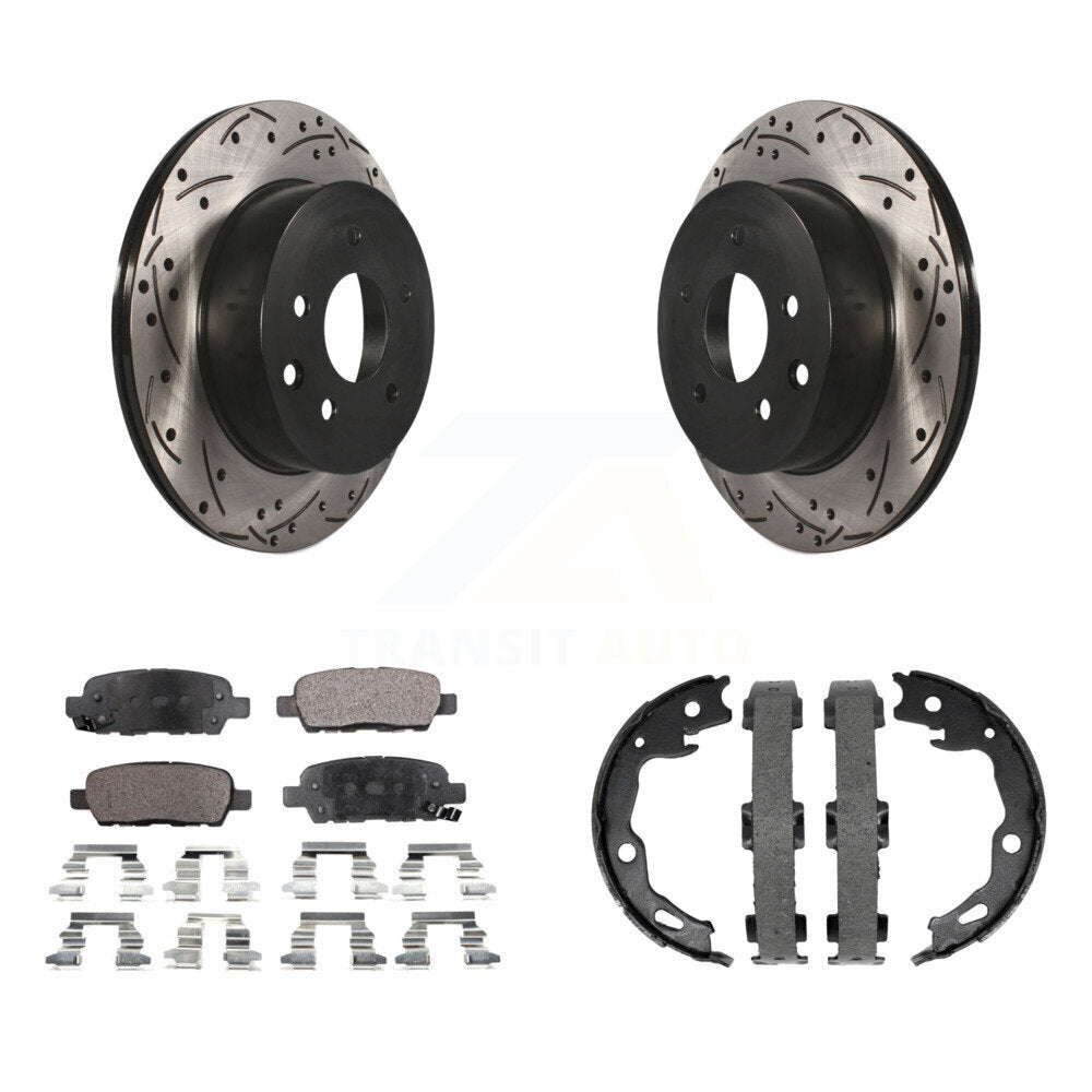 Rear Disc Drilled & Slotted Rotors Semi-Metallic Pads Parking Shoes Kit For Nissan Rogue KDF-101410