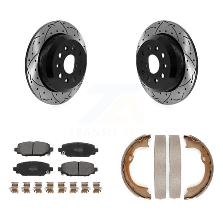 Rear Disc Drilled & Slotted Rotors Semi-Metallic Pads Parking Shoes Kit For Jeep Wrangler KDF-101414