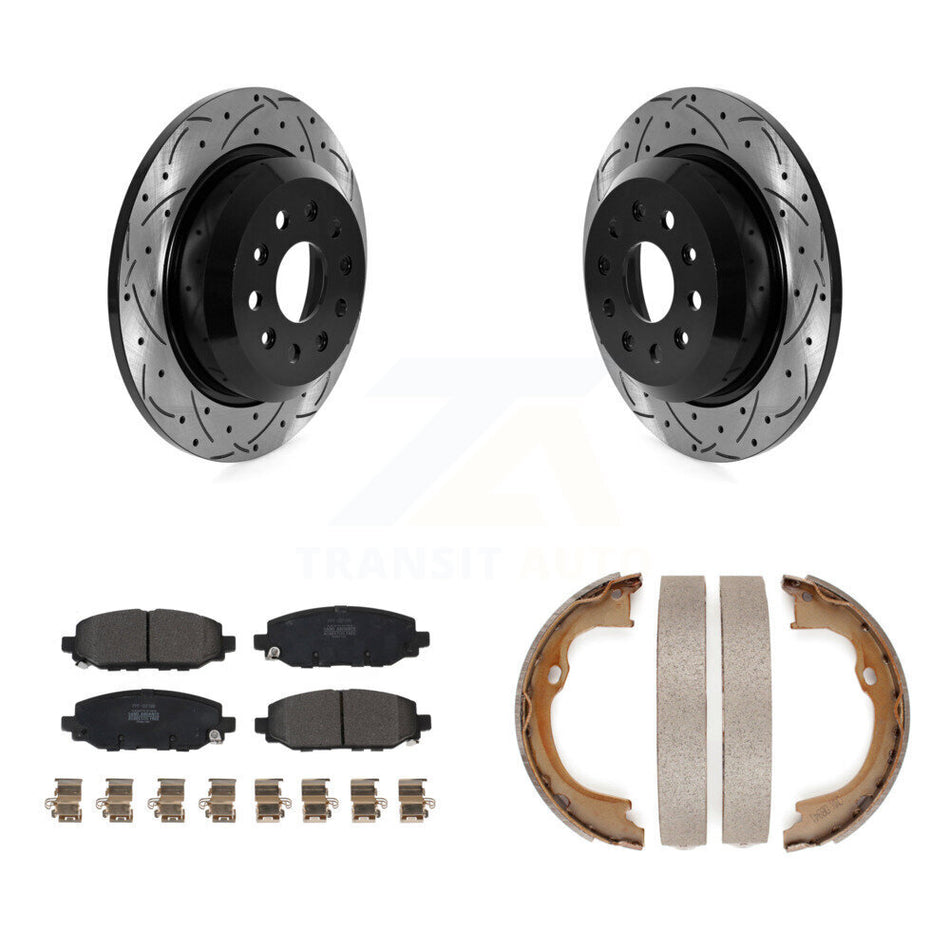 Rear Disc Drilled & Slotted Rotors Semi-Metallic Pads Parking Shoes Kit For Jeep Wrangler KDF-101415