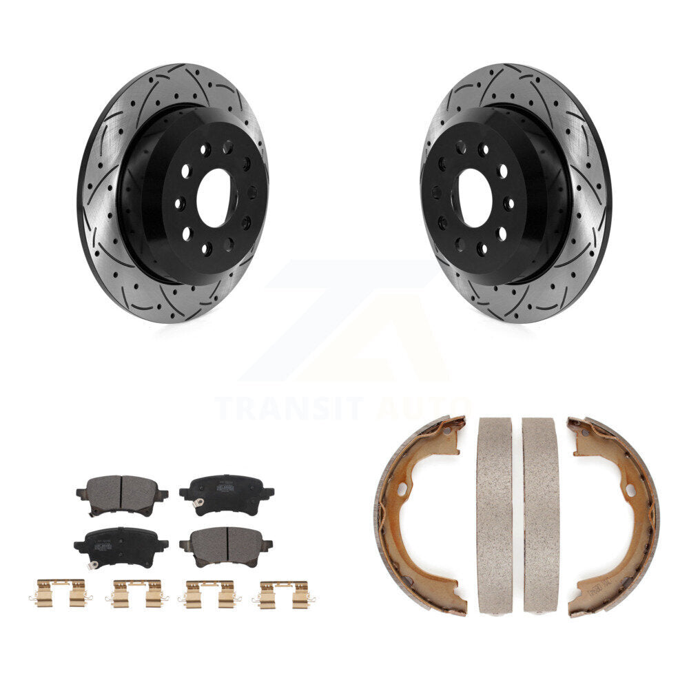 Rear Disc Drilled & Slotted Rotors Semi-Metallic Pads Parking Shoes Kit For Jeep Wrangler KDF-101416