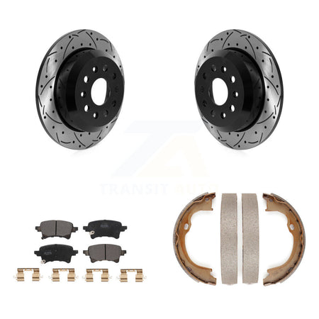 Rear Disc Drilled & Slotted Rotors Semi-Metallic Pads Parking Shoes Kit For Jeep Wrangler KDF-101416
