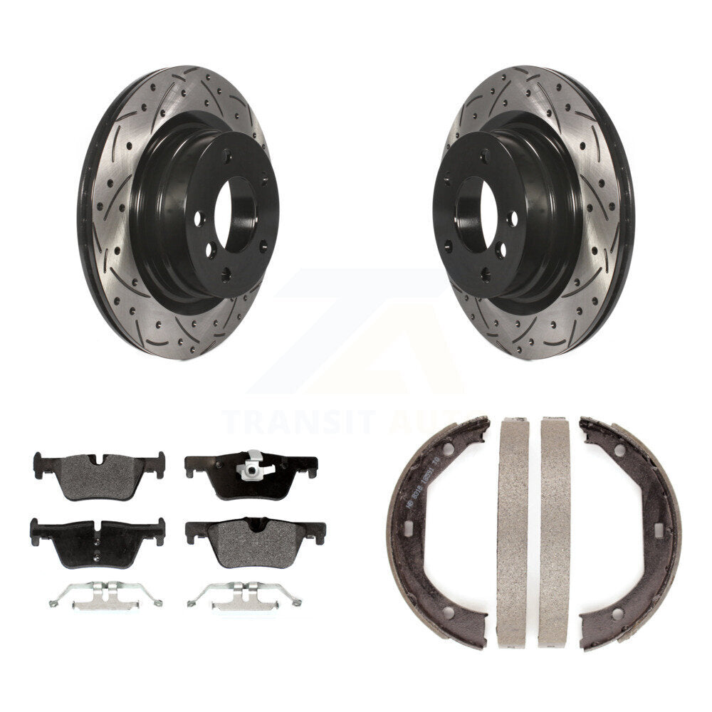 Rear Disc Drilled & Slotted Rotors Semi-Metallic Pads And Parking Shoes Kit For BMW 328i KDF-101417