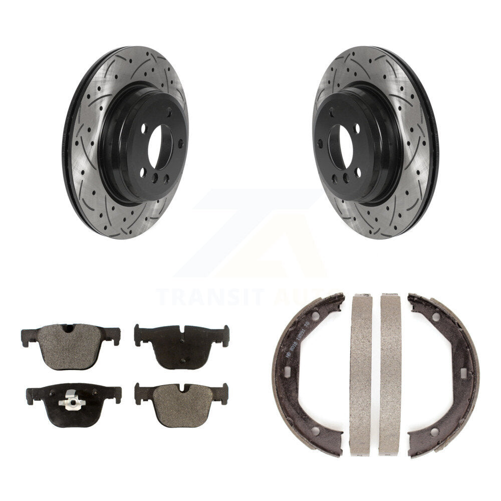 Rear Disc Drilled & Slotted Rotors Semi-Metallic Pads Parking Shoes Kit For BMW 330i 328i KDF-101419