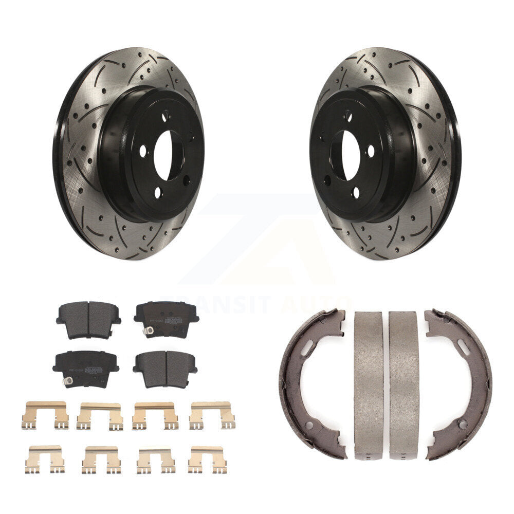 Rear Disc Drilled & Slotted Rotors Semi-Metallic Pads And Parking Shoes Kit For Dodge 300 KDF-101428