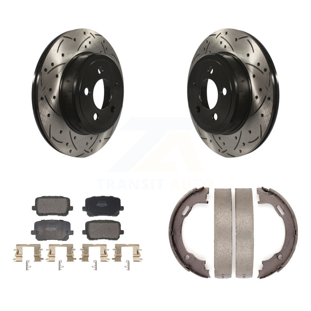 Rear Disc Drilled & Slotted Rotors Semi-Metallic Pads Parking Shoes Kit For Dodge Charger KDF-101430