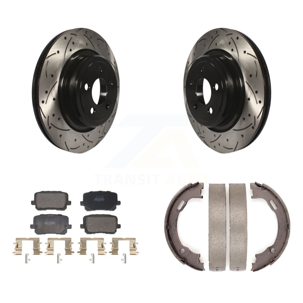 Rear Disc Drilled & Slotted Rotors Semi-Metallic Pads Parking Shoes Kit For Dodge Charger KDF-101431