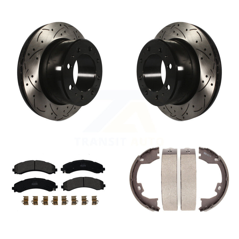 Rear Disc Drilled & Slotted Rotors Semi-Metallic Pads And Parking Shoes Kit For Ram 3500 KDF-101433