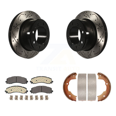 Rear Disc Drilled & Slotted Rotors Semi-Metallic Pads And Parking Shoes Kit For Ram 3500 KDF-101434