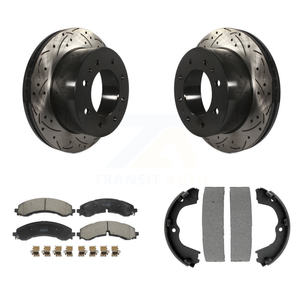 Rear Disc Drilled & Slotted Rotors Semi-Metallic Pads Parking Shoes Kit For GMC Chevrolet KDF-101435