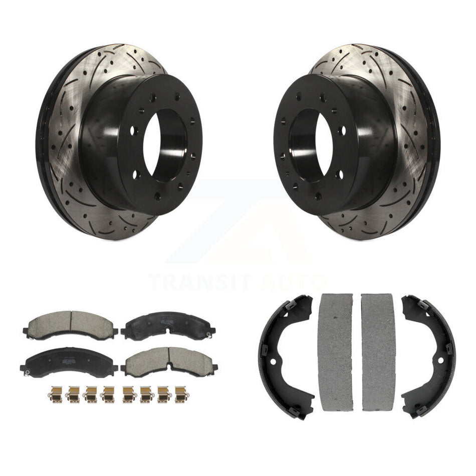 Rear Disc Drilled & Slotted Rotors Semi-Metallic Pads Parking Shoes Kit For GMC Chevrolet KDF-101435