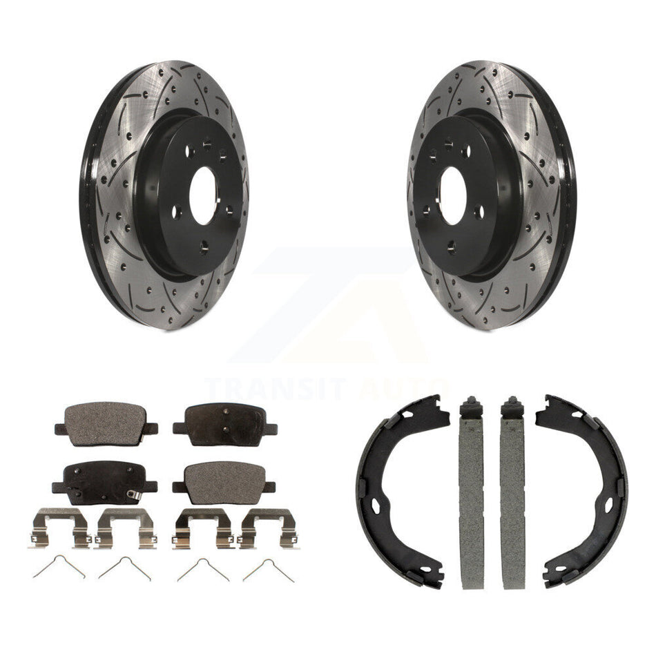 Rear Disc Drilled & Slotted Rotors Semi-Metallic Pads And Parking Brake Shoes Kit For KDF-101436