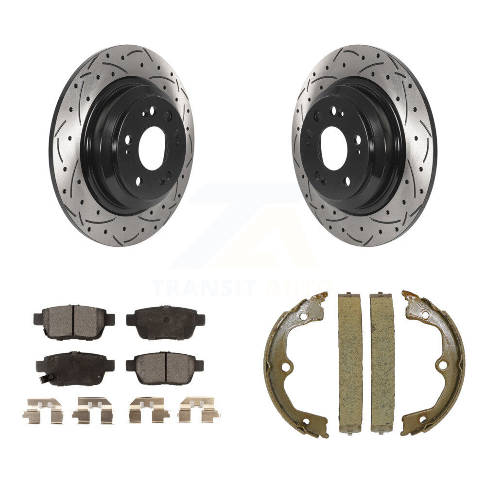 Rear Disc Drilled & Slotted Rotors Semi-Metallic Pads And Parking Shoes Kit For Acura TL KDF-101439