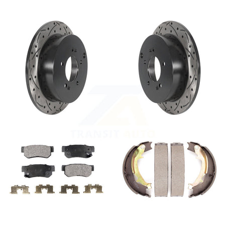 Rear Disc Drilled & Slotted Rotors Semi-Metallic Pads Parking Shoes Kit For Hyundai Kia KDF-101440