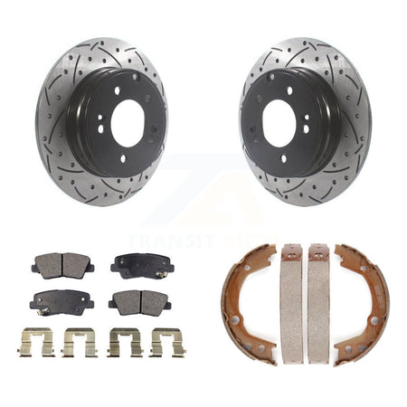 Rear Disc Drilled & Slotted Rotors Semi-Metallic Pads And Parking Brake Shoes Kit For KDF-101442