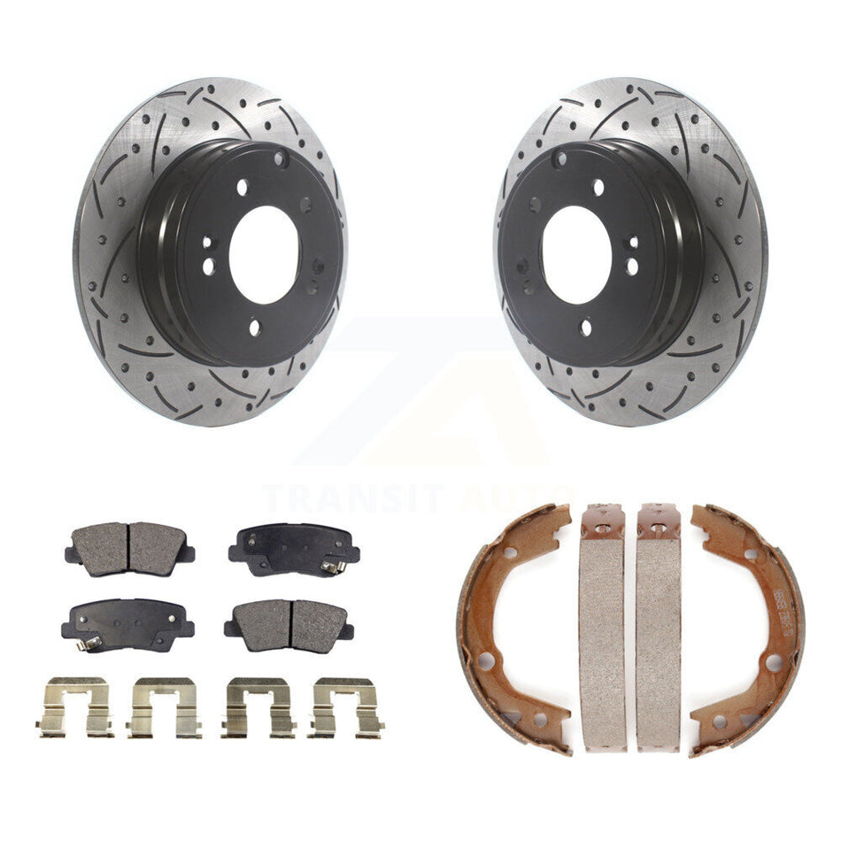 Rear Disc Drilled & Slotted Rotors Semi-Metallic Pads And Parking Brake Shoes Kit For KDF-101442