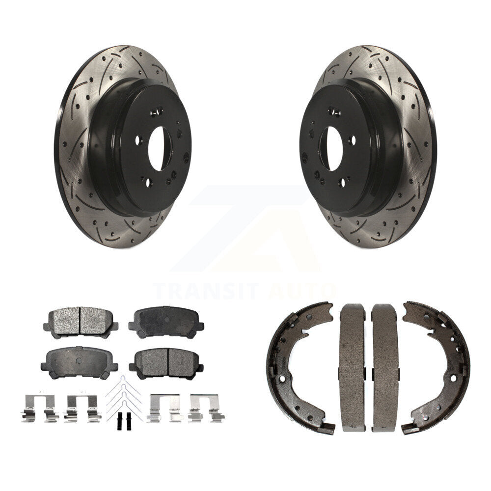 Rear Disc Drilled & Slotted Rotors Semi-Metallic Pads Parking Shoes Kit For Honda Odyssey KDF-101445