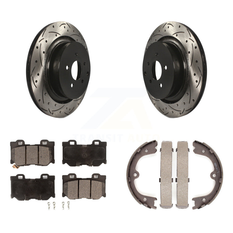 Rear Disc Drilled & Slotted Rotors Semi-Metallic Pads Parking Shoes Kit For INFINITI Q50 KDF-101447