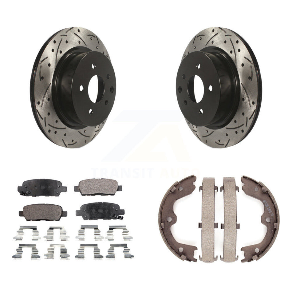 Rear Disc Drilled & Slotted Rotors Semi-Metallic Pads Parking Shoes Kit For INFINITI G37 KDF-101448
