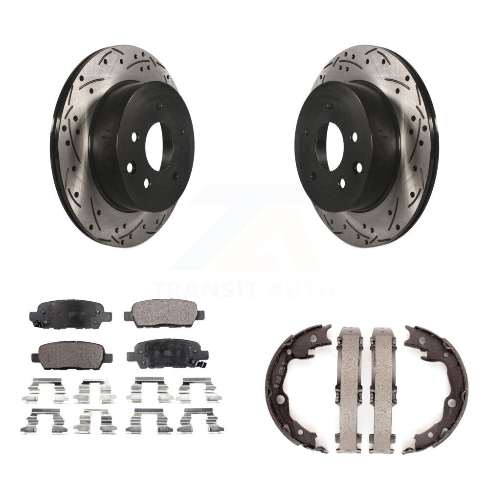 Rear Disc Drilled & Slotted Rotors Semi-Metallic Pads Parking Shoes Kit For Nissan Rogue KDF-101451