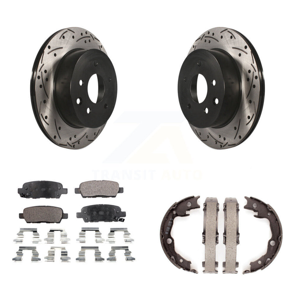 Rear Disc Drilled & Slotted Rotors Semi-Metallic Pads Parking Shoes Kit For Nissan Rogue KDF-101451