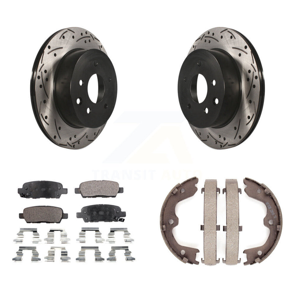 Rear Disc Drilled & Slotted Rotors Semi-Metallic Pads Parking Shoes Kit For INFINITI G35 KDF-101456