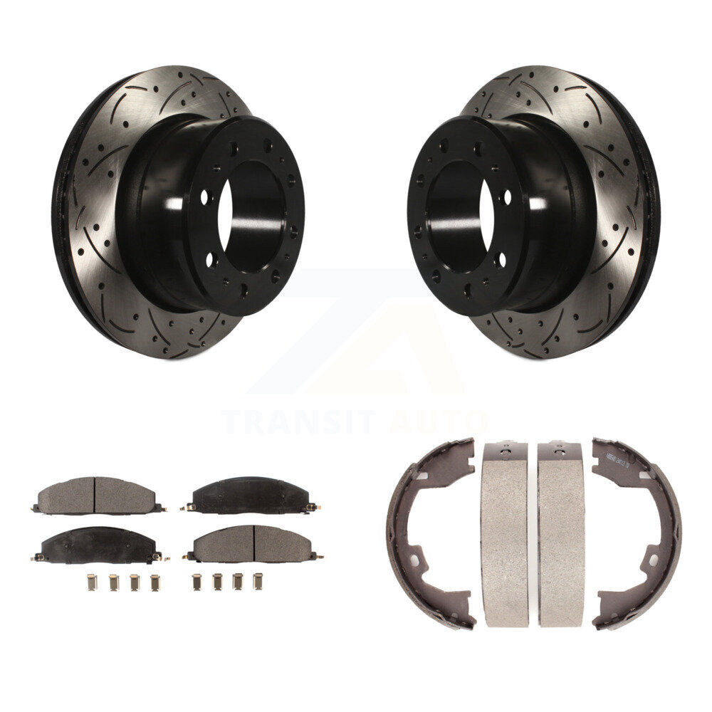Rear Disc Drilled & Slotted Rotors Semi-Metallic Pads Parking Shoes Kit For Ram 3500 2500 KDF-101458