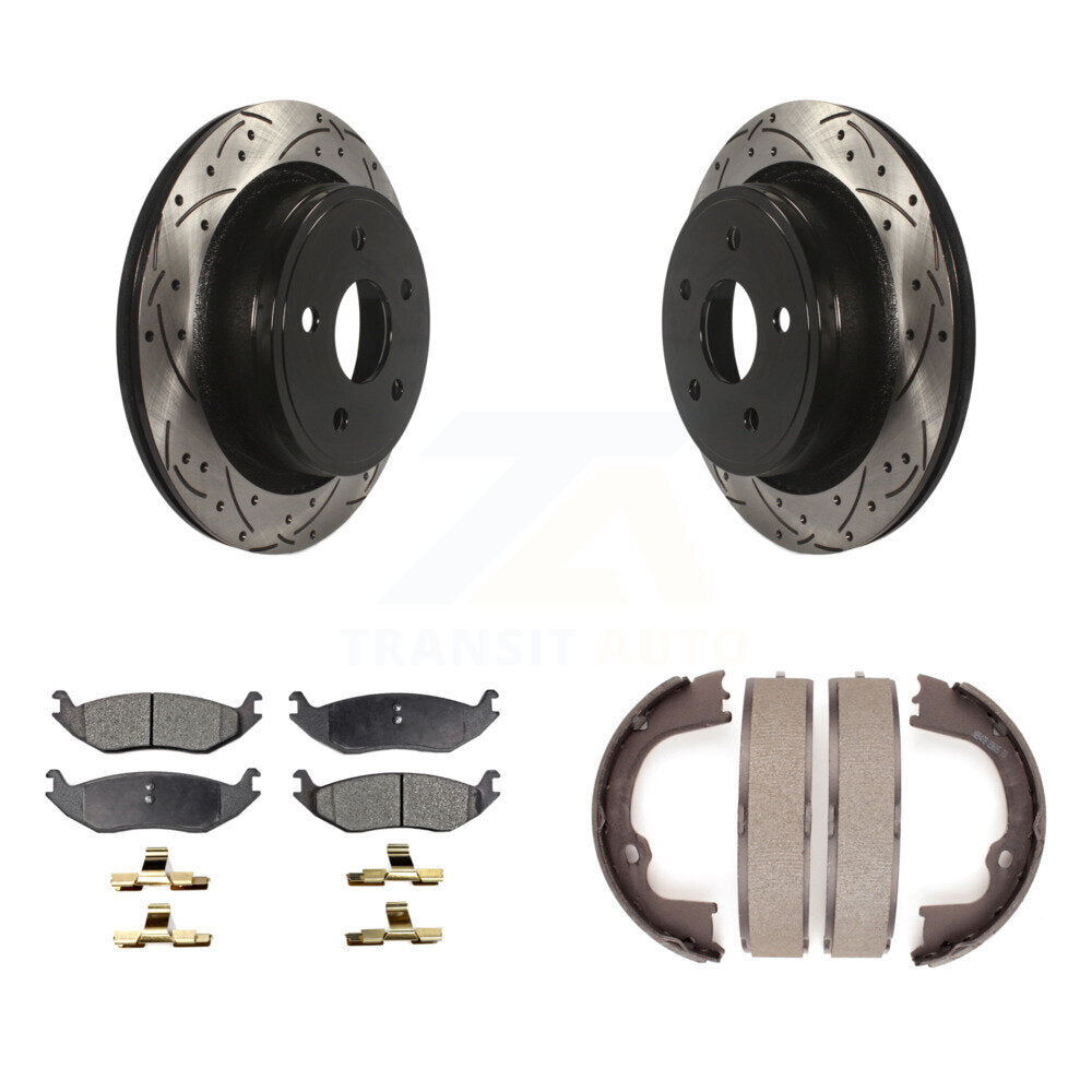 Rear Disc Drilled & Slotted Rotors Semi-Metallic Pads And Parking Shoes Kit For Ram 1500 KDF-101459