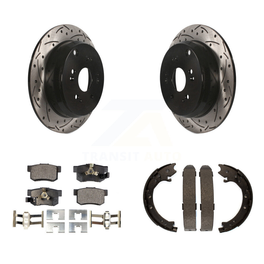 Rear Disc Drilled & Slotted Rotors Semi-Metallic Pads Parking Shoes Kit For Honda CR-V KDF-101462