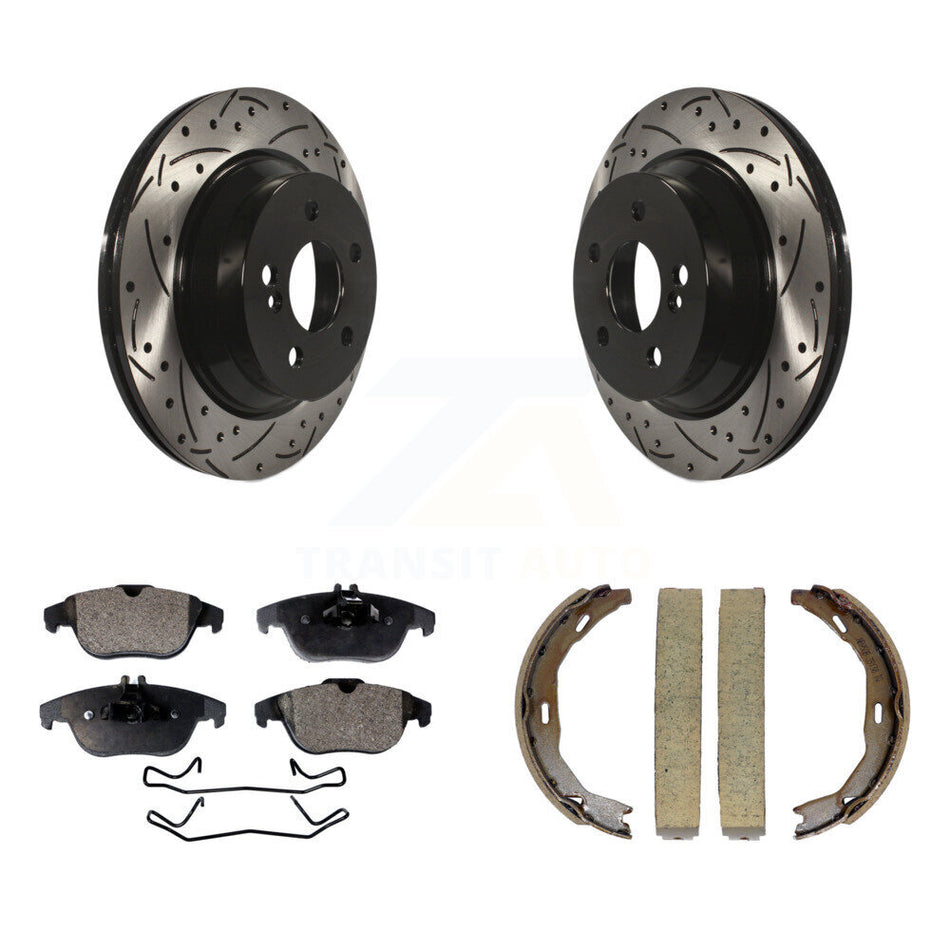 Rear Disc Drilled & Slotted Rotors Semi-Metallic Pads Parking Shoes Kit For Mercedes-Benz KDF-101466