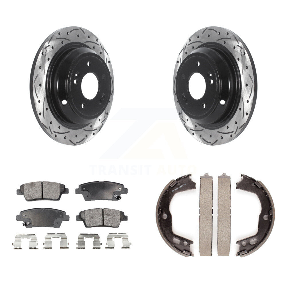 Rear Disc Drilled & Slotted Rotors Semi-Metallic Pads And Parking Brake Shoes Kit For KDF-101468