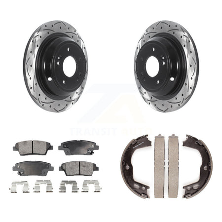 Rear Disc Drilled & Slotted Rotors Semi-Metallic Pads And Parking Brake Shoes Kit For KDF-101468