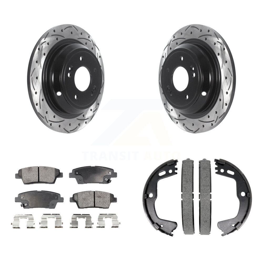 Rear Disc Drilled & Slotted Rotors Semi-Metallic Pads Parking Shoes Kit For Hyundai G80 KDF-101469