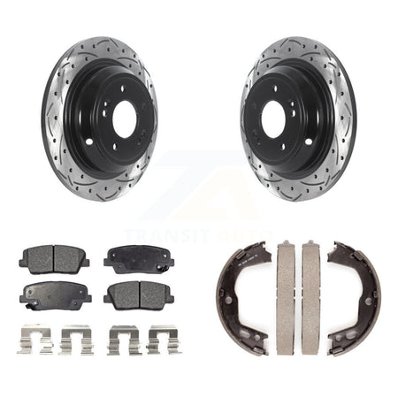 Rear Disc Drilled & Slotted Rotors Semi-Metallic Pads And Parking Brake Shoes Kit For KDF-101470