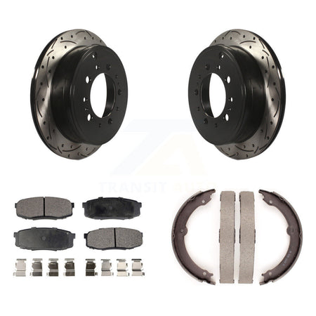 Rear Disc Drilled & Slotted Rotors Semi-Metallic Pads Parking Shoes Kit For Toyota Tundra KDF-101471