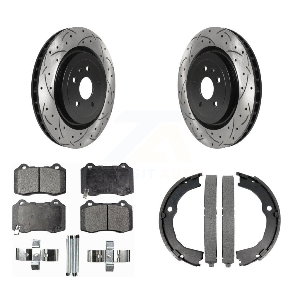 Rear Disc Drilled & Slotted Rotors Semi-Metallic Pads Parking Shoes Kit For Chevrolet CTS KDF-101472