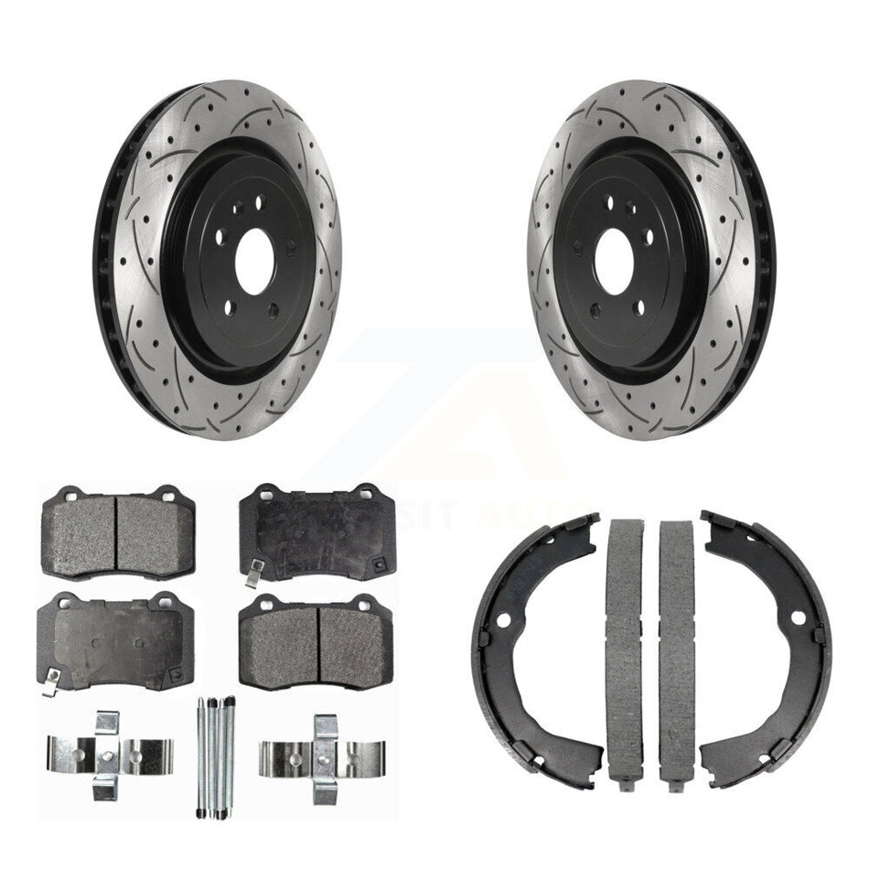 Rear Disc Drilled & Slotted Rotors Semi-Metallic Pads Parking Shoes Kit For Chevrolet CTS KDF-101472
