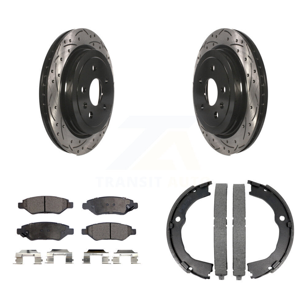 Rear Disc Drilled & Slotted Rotors Semi-Metallic Pads Parking Shoes Kit For Chevrolet CTS KDF-101473