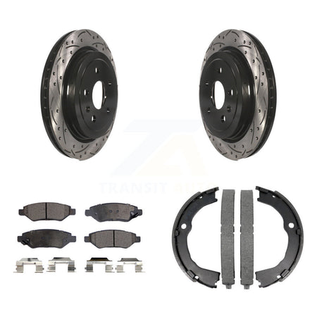 Rear Disc Drilled & Slotted Rotors Semi-Metallic Pads Parking Shoes Kit For Chevrolet CTS KDF-101473