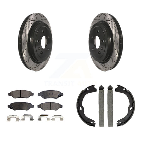 Rear Disc Drilled & Slotted Rotors Semi-Metallic Pads Parking Shoes Kit For Cadillac CTS KDF-101478