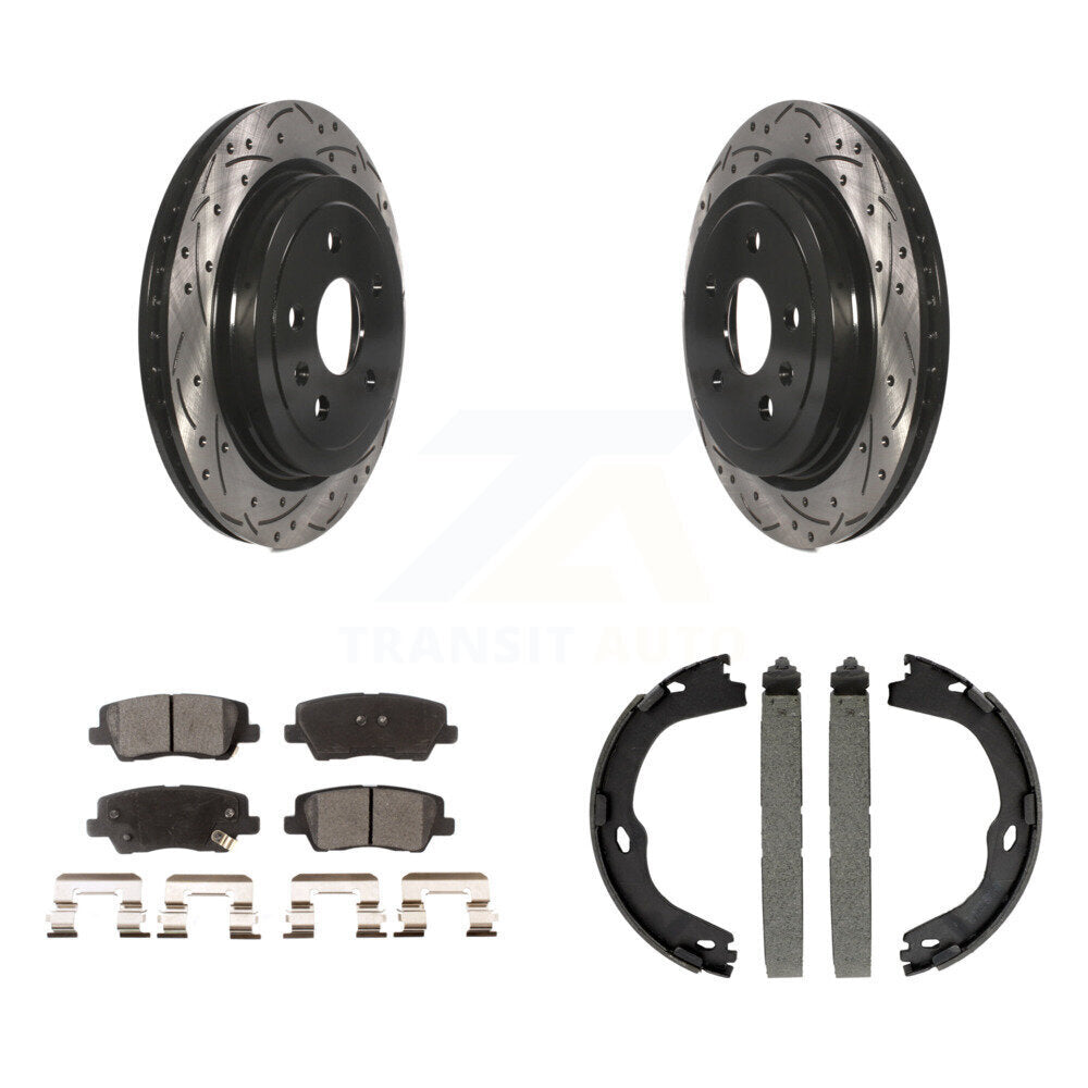 Rear Disc Drilled & Slotted Rotors Semi-Metallic Pads Parking Shoes Kit For Cadillac CTS KDF-101479
