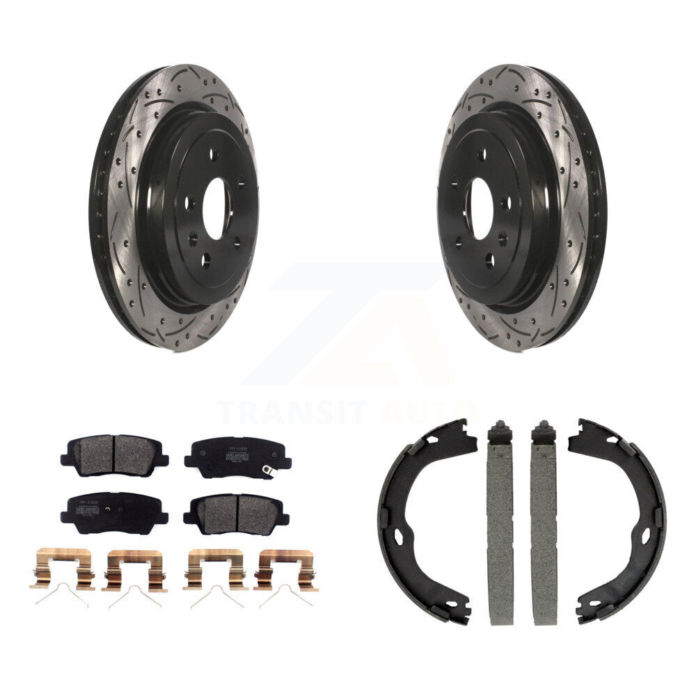 Rear Disc Drilled & Slotted Rotors Semi-Metallic Pads Parking Shoes Kit For Cadillac CTS KDF-101480