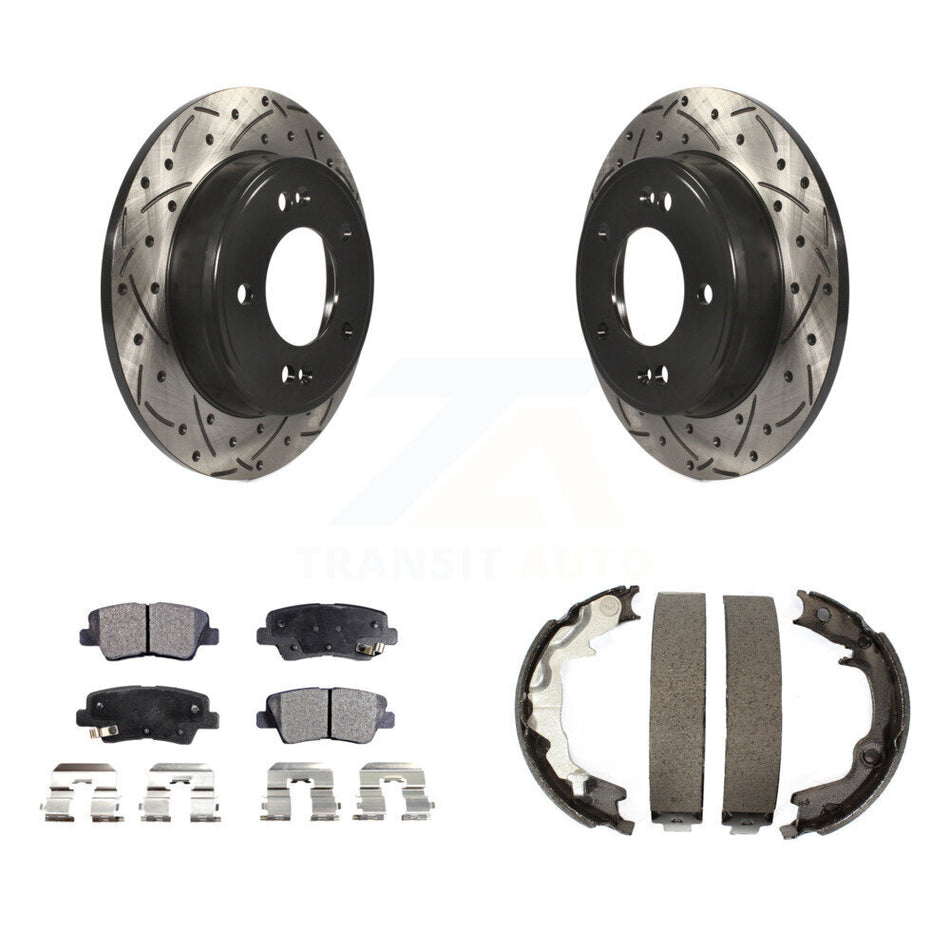 Rear Disc Drilled & Slotted Rotors Semi-Metallic Pads And Parking Shoes Kit For Kia Forte KDF-101482
