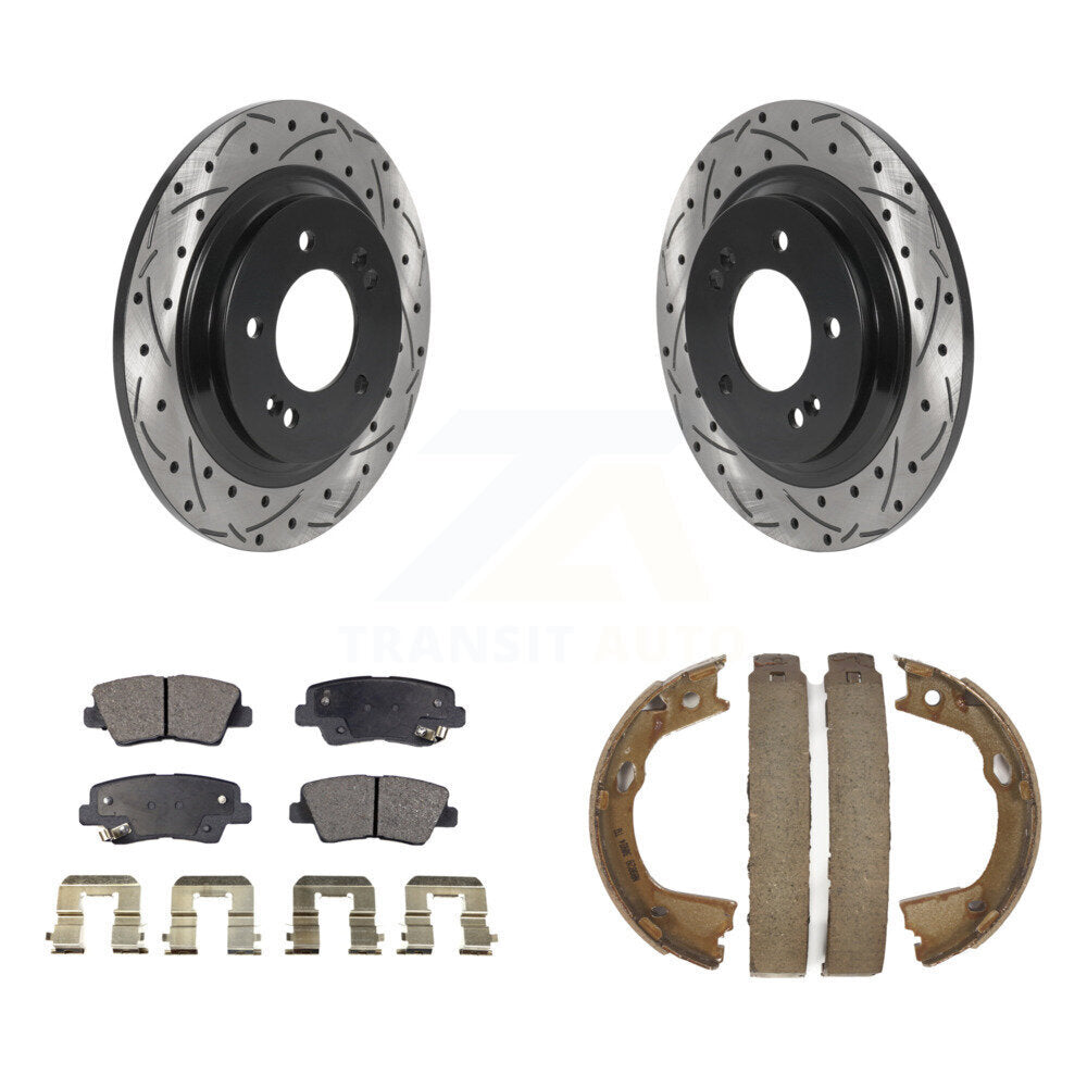 Rear Disc Drilled & Slotted Rotors Semi-Metallic Pads Parking Shoes Kit For Hyundai Azera KDF-101483